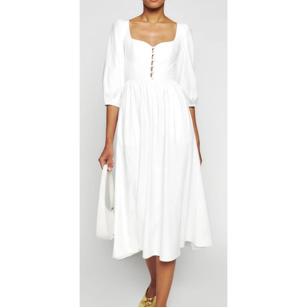Reformation Madden Puff Sleeve Corset Midi Dress White Size 8